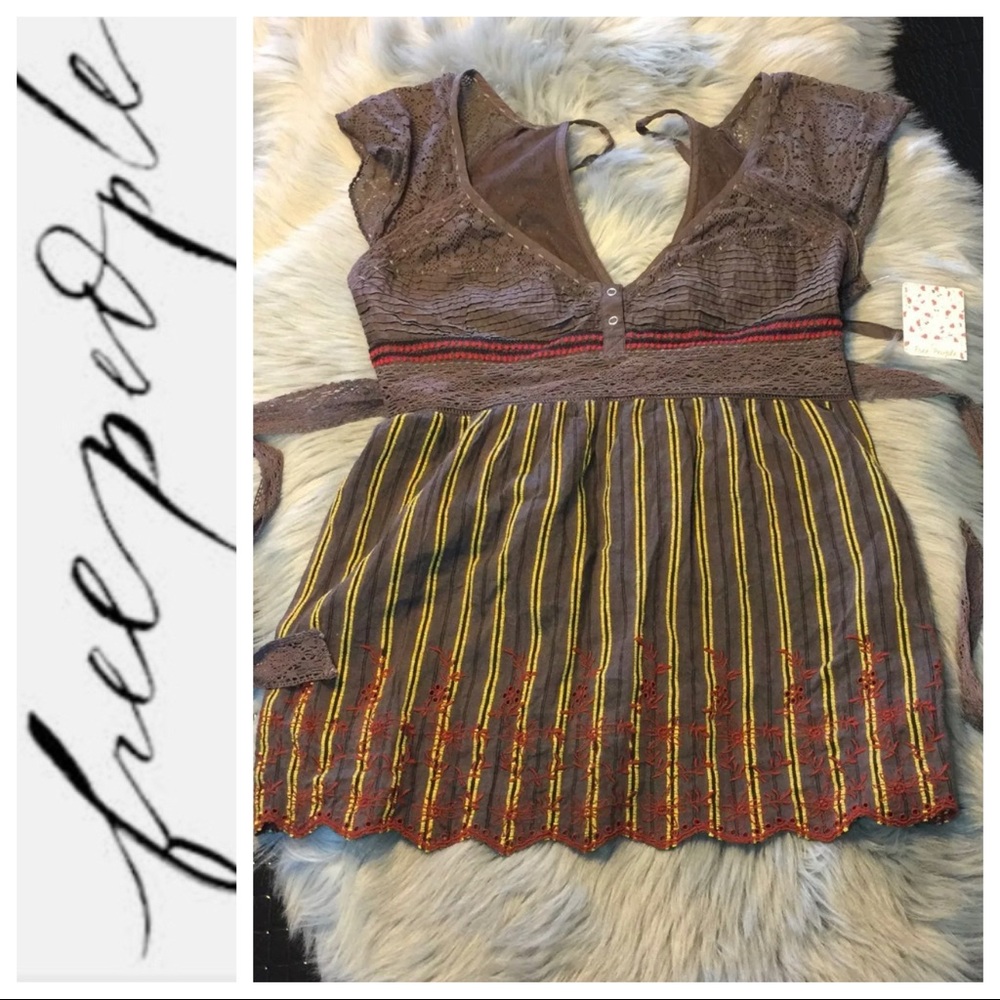 NWT Free People Brown Lace Combo V Neck Embroidered Top Size 10 $108
